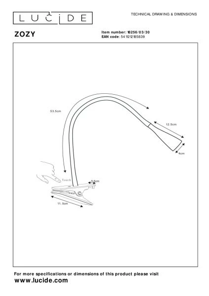 Lucide ZOZY - Clamp lamp- LED 3 StepDim - 1x4W 3000K - Black - technical